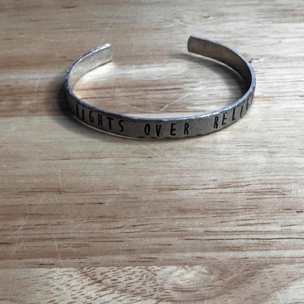 Equal Rights Over Religion Hand Stamped Silver Tone Hammered Metal Cuff Bracelet